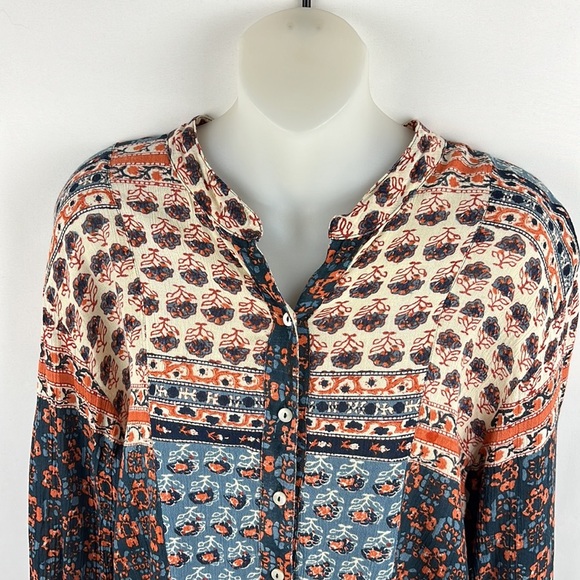 Free People Blue Patchwork Caravan Button Down Top Blouse Size M - Picture 8 of 11